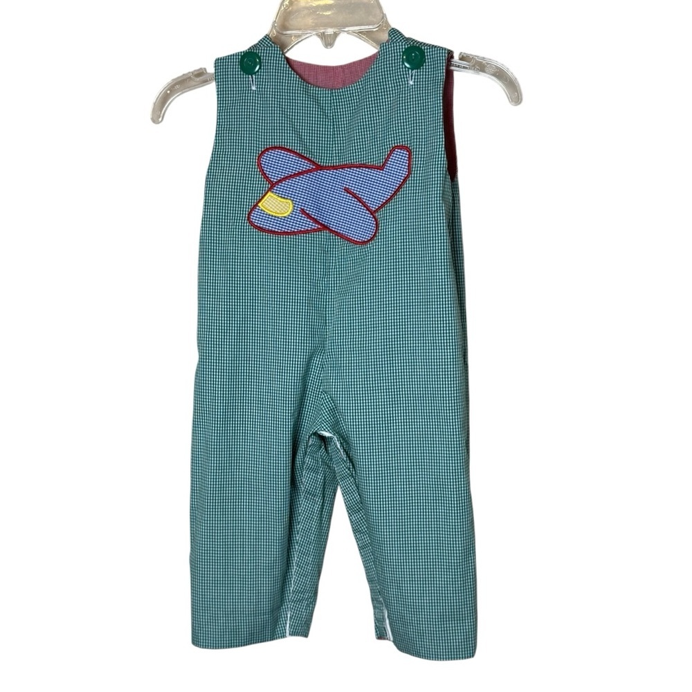 Le‎ Za Me Boys 9M Longall Reversible Jumper Red Plaid Christmas Tree Green Plane